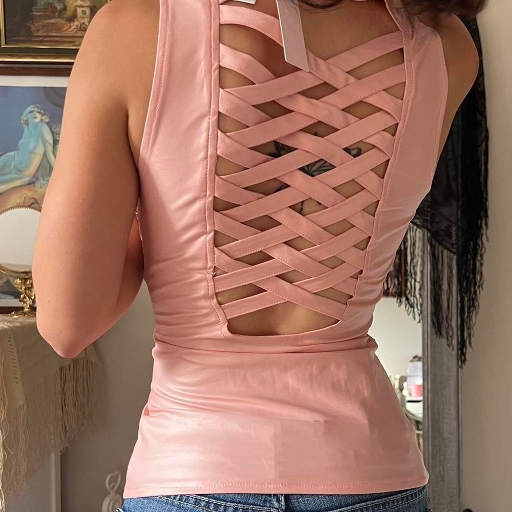 Pink Biker Style Zip Up Corset Halter with Tie Up Detail and open Back SMALL - Picture 2 of 3
